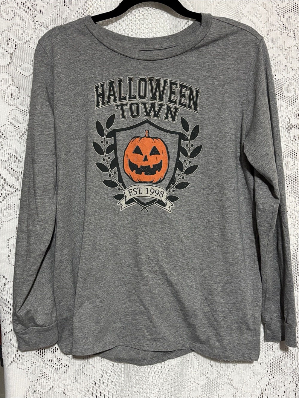 Gray Halloween Town Long-Sleeve Graphic Tee with Orange Pumpkin